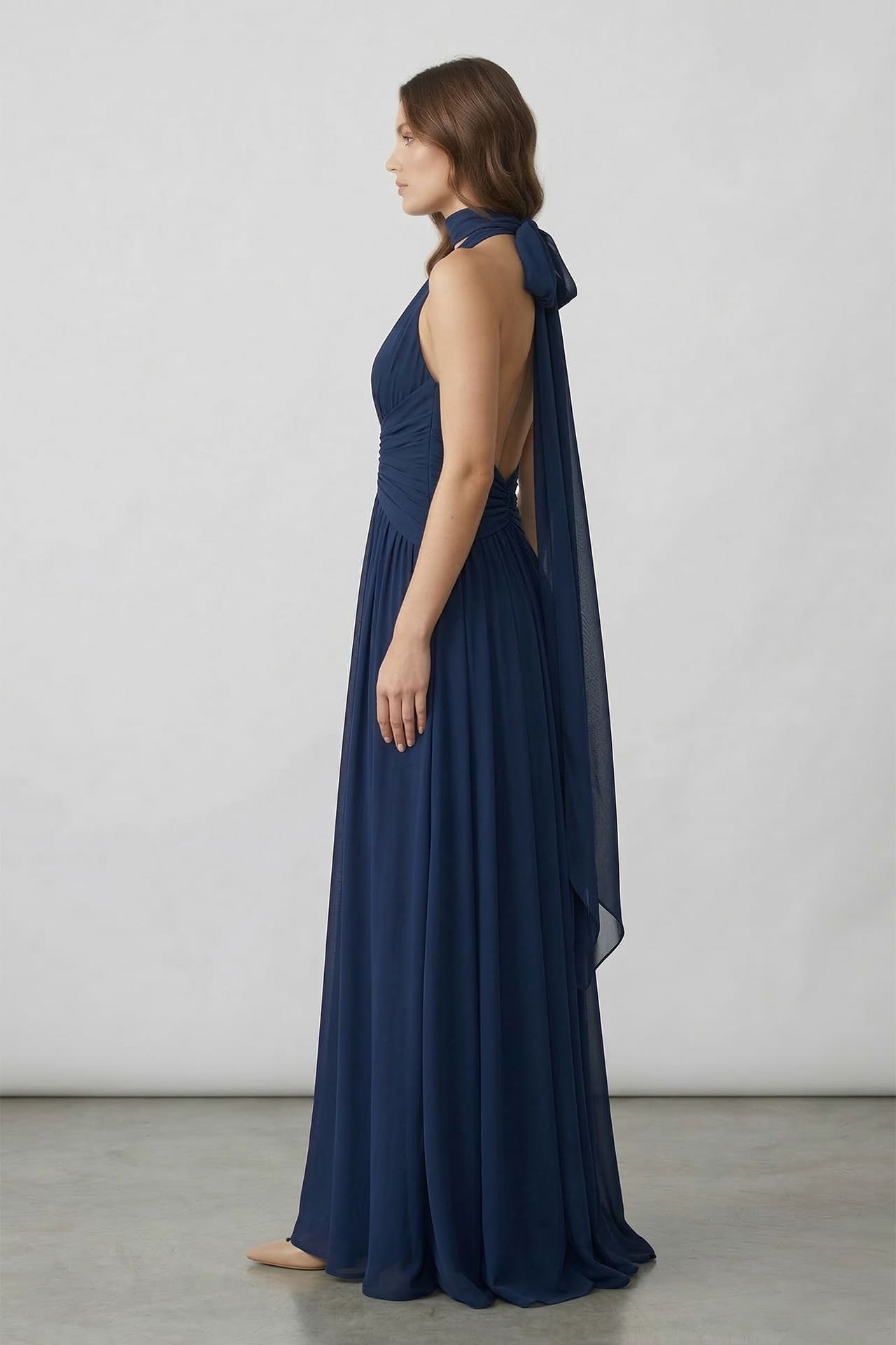 S Navy Halter V-Neck Chiffon Bridesmaid Maxi Dress – Floor Length Formal Gown