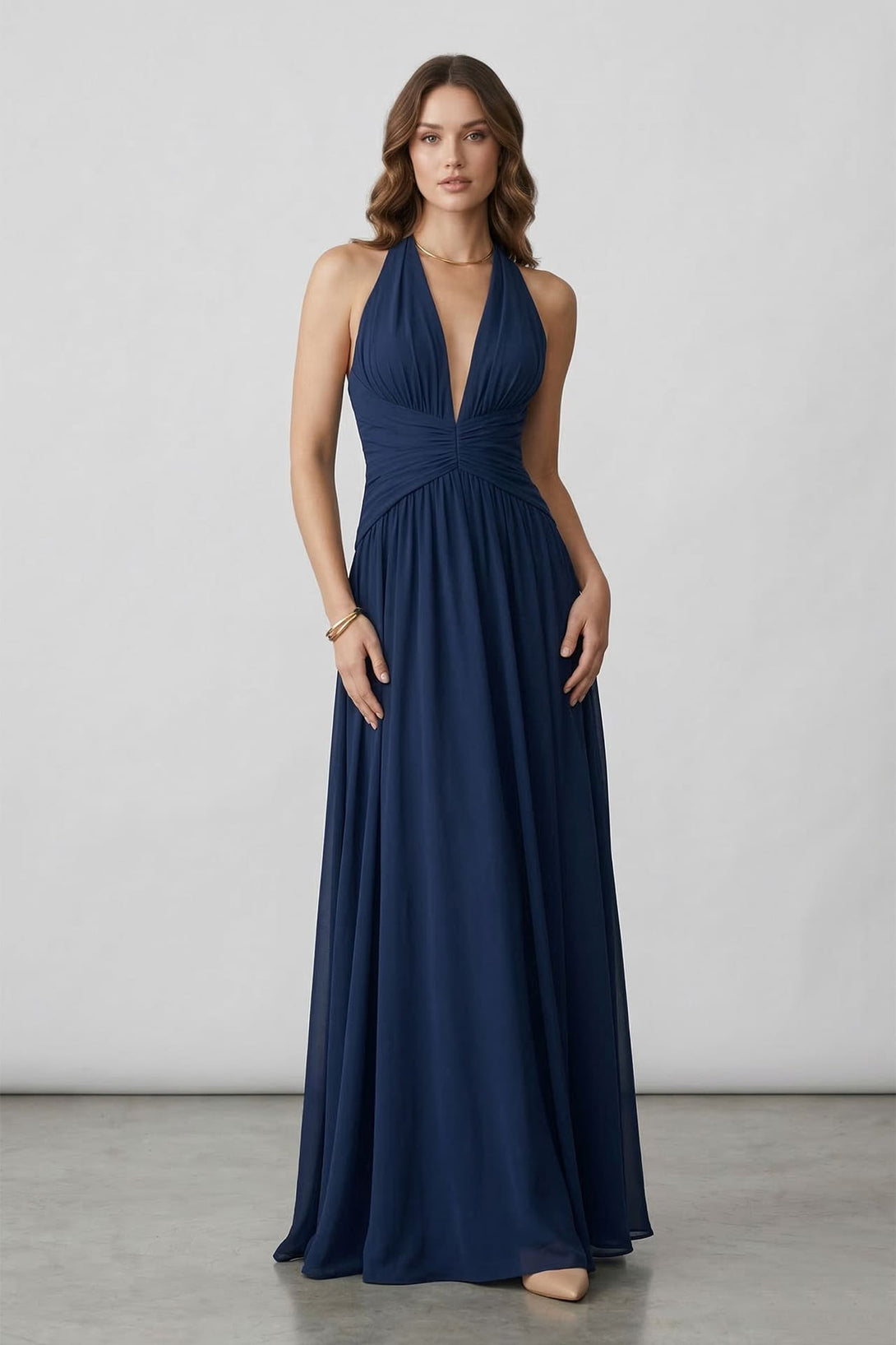 Navy Halter Chiffon Bridesmaid Maxi Dress