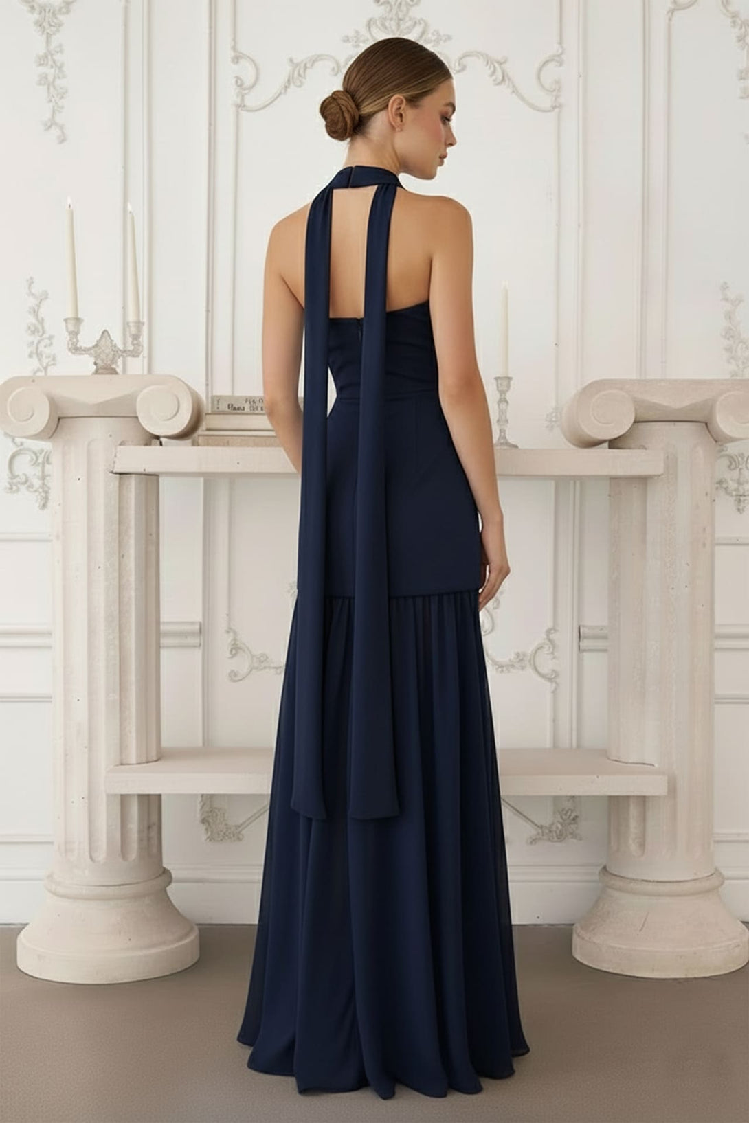 navy silk chiffon dress Cape-effect embellished silk-chiffon gown - navy