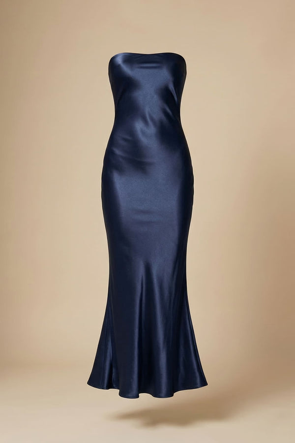 S Navy Strapless Satin Midi Dress for Formal Events