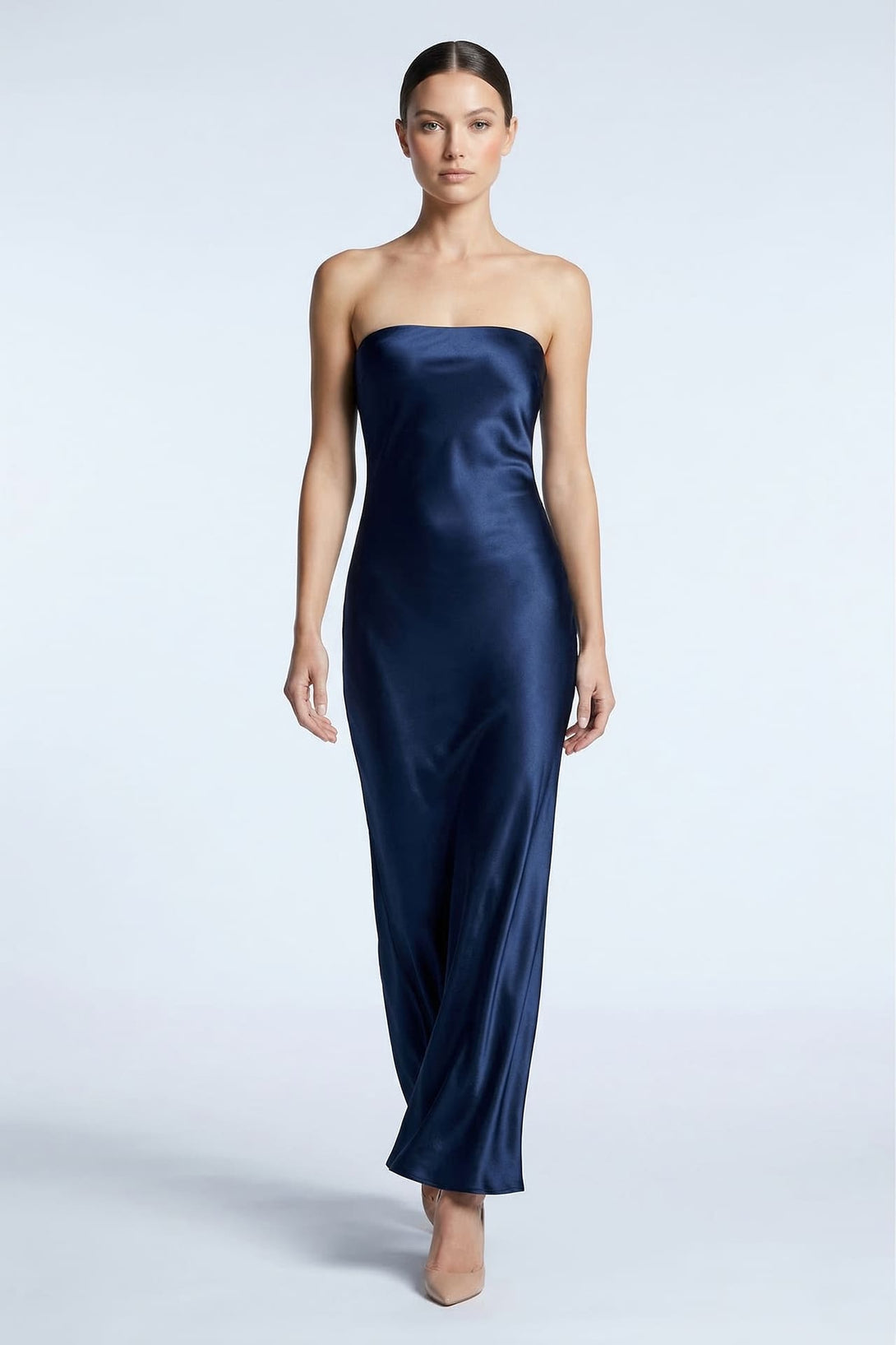 helaina midi dress - strapless a-line satin dress in navy S Navy Strapless Satin Midi Dress for Formal Events