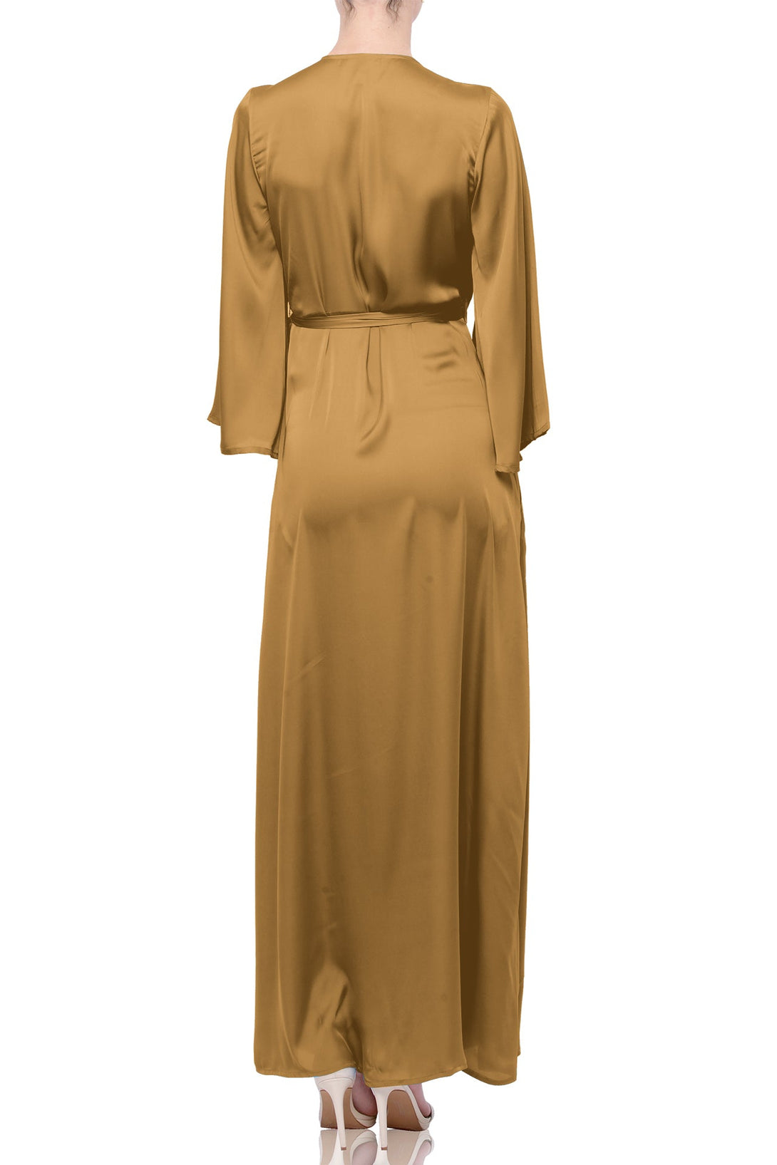 S Champagne Beige Satin Wrap Maxi Bridesmaid Dress – Long Sleeve Wedding Gown