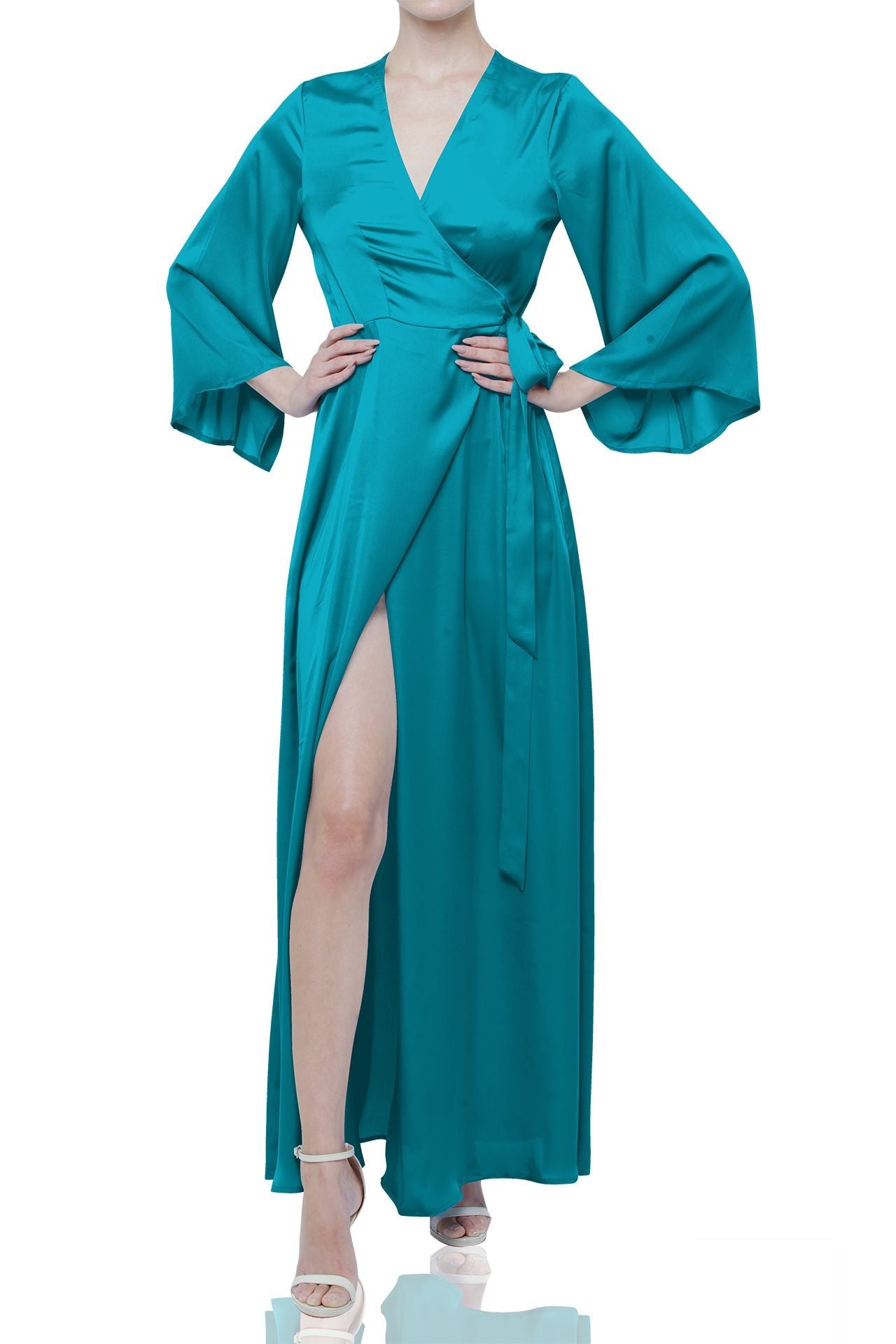 Teal Satin Wrap Dress Maxi