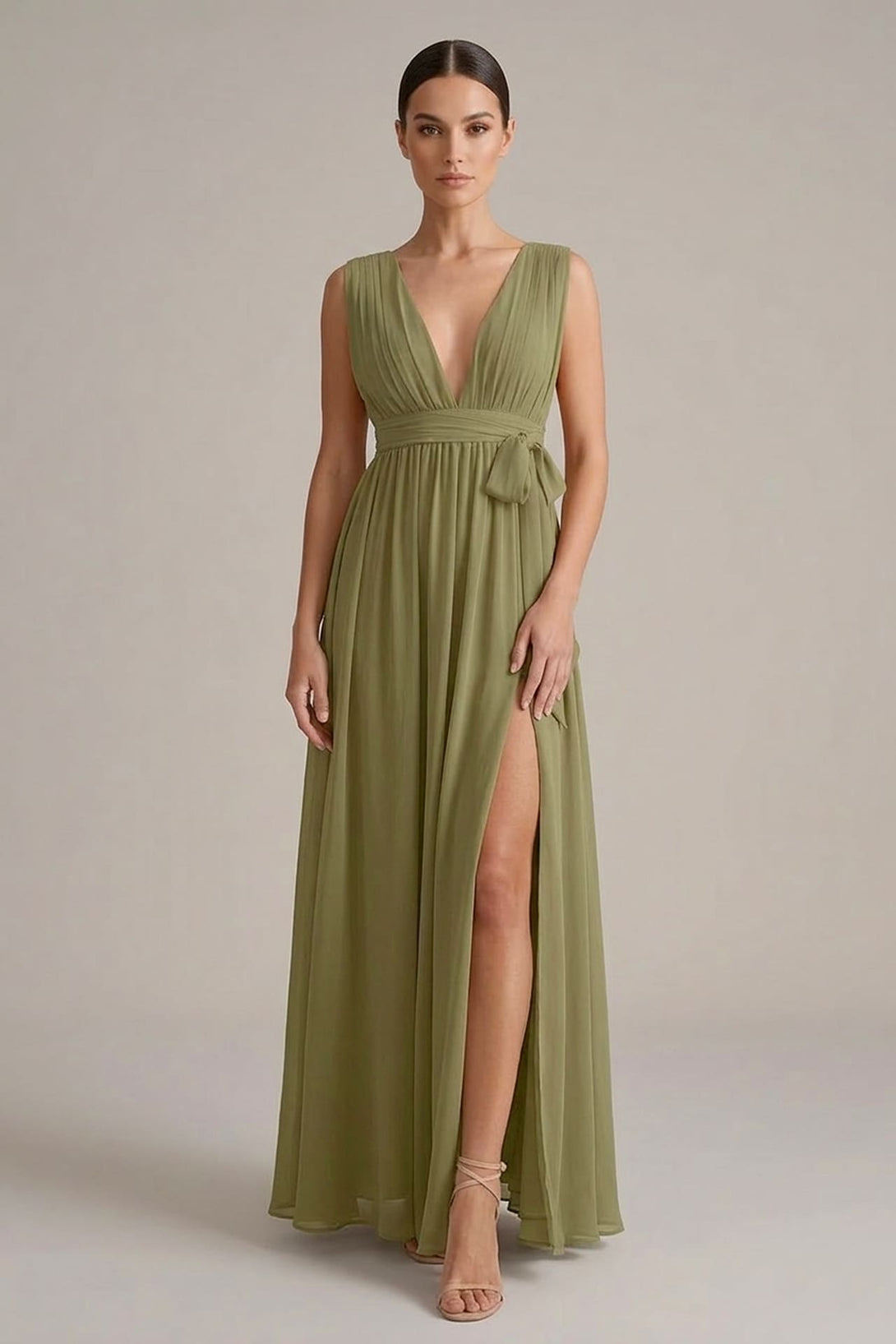 olive chiffon drape detail long sleeve bodycon dress S / With Slit Olive Heaven V-Neck Bridesmaid Dress – Elegant Wedding Occasion Gown