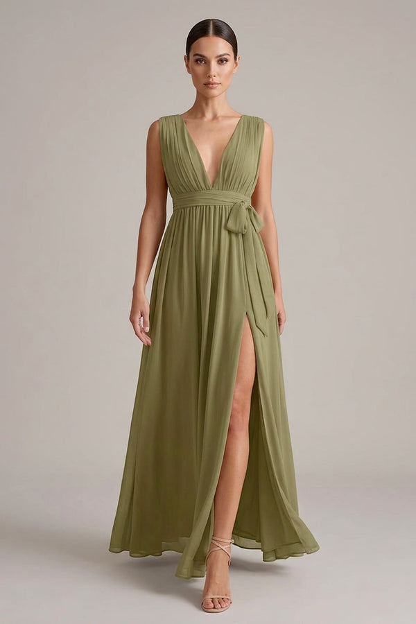S / With Slit Olive Heaven V-Neck Bridesmaid Dress Elegant Wedding Occasion Gown S / With Slit Olive Heaven V-Neck Bridesmaid Dress Elegant Wedding Occasion Gown