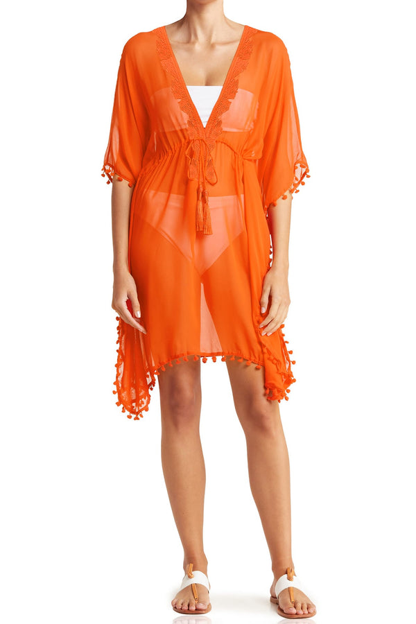 "orange kimono cover up" "Shahida Parides" "lace cover up" "elegant beach cover ups" "beachwear cover ups"