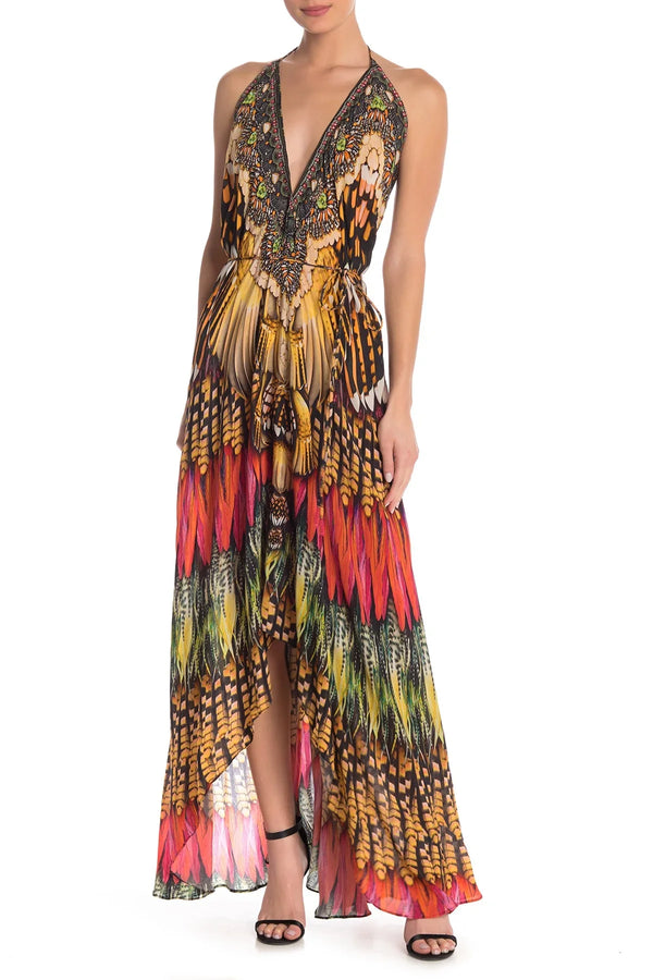  orange formal dress long, long silk dress, Shahida Parides, halter maxi dress, long flowy dresses,