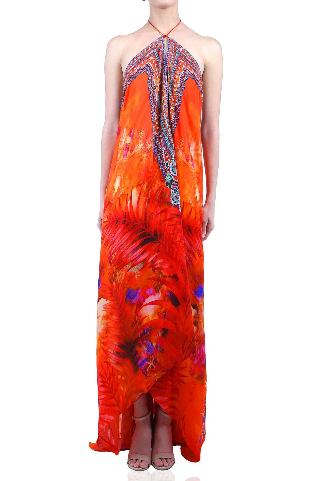  orange long dress, long silk dress, Shahida Parides, halter maxi dress, long flowy dresses,