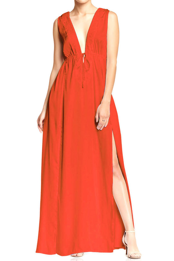  burnt orange maxi, formal dresses for women, plunging neckline cocktail dress,