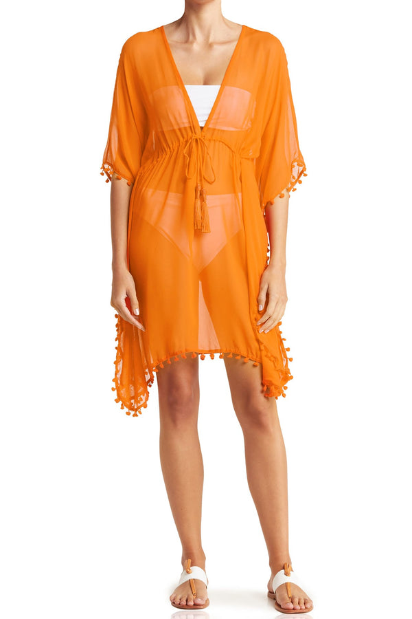 "orange swim cover up," "Shahida Parides" "designer swim cover ups" "sheer cover up" "beachwear cover ups"