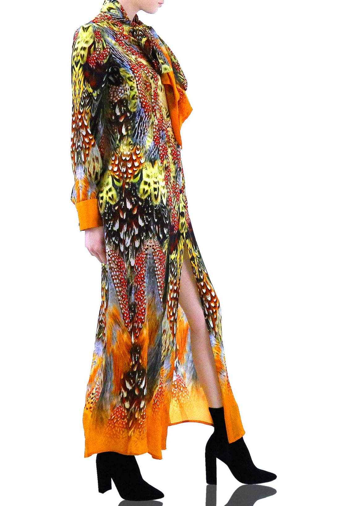  orange dress shirt women's, Shahida Parides, long button up dress, floor length shirt dress,