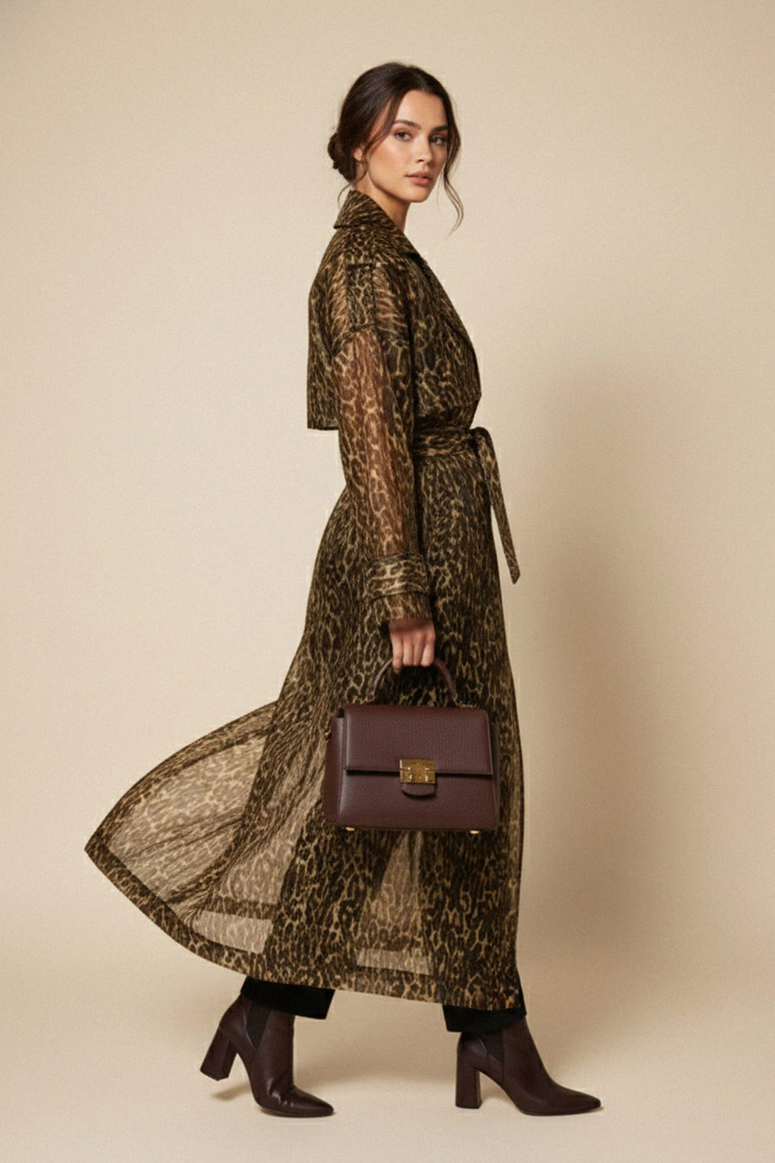 full-length organza leopard print trench coat, Shahida,