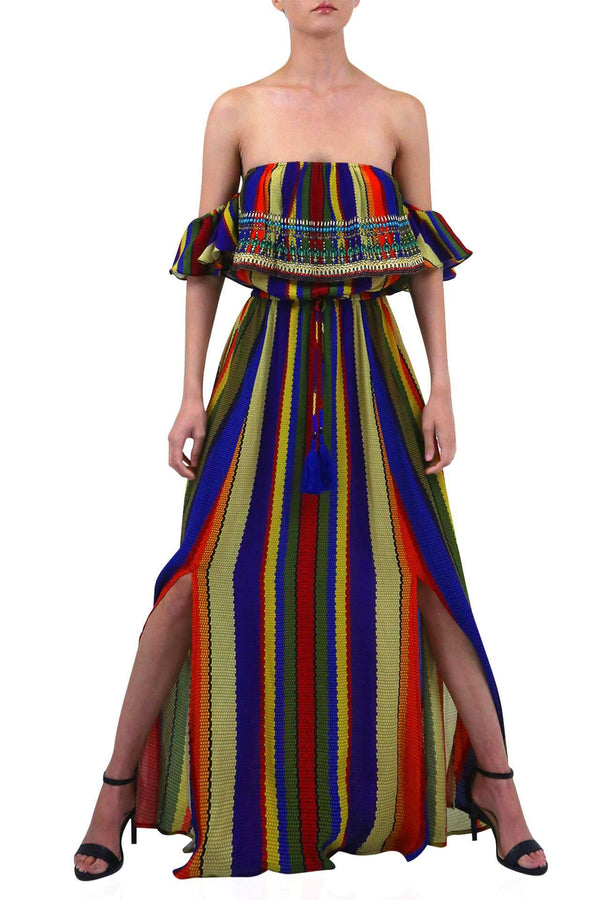  multicolor cocktail dress, off the shoulder satin dress, summer maxi dress, Shahida Parides,