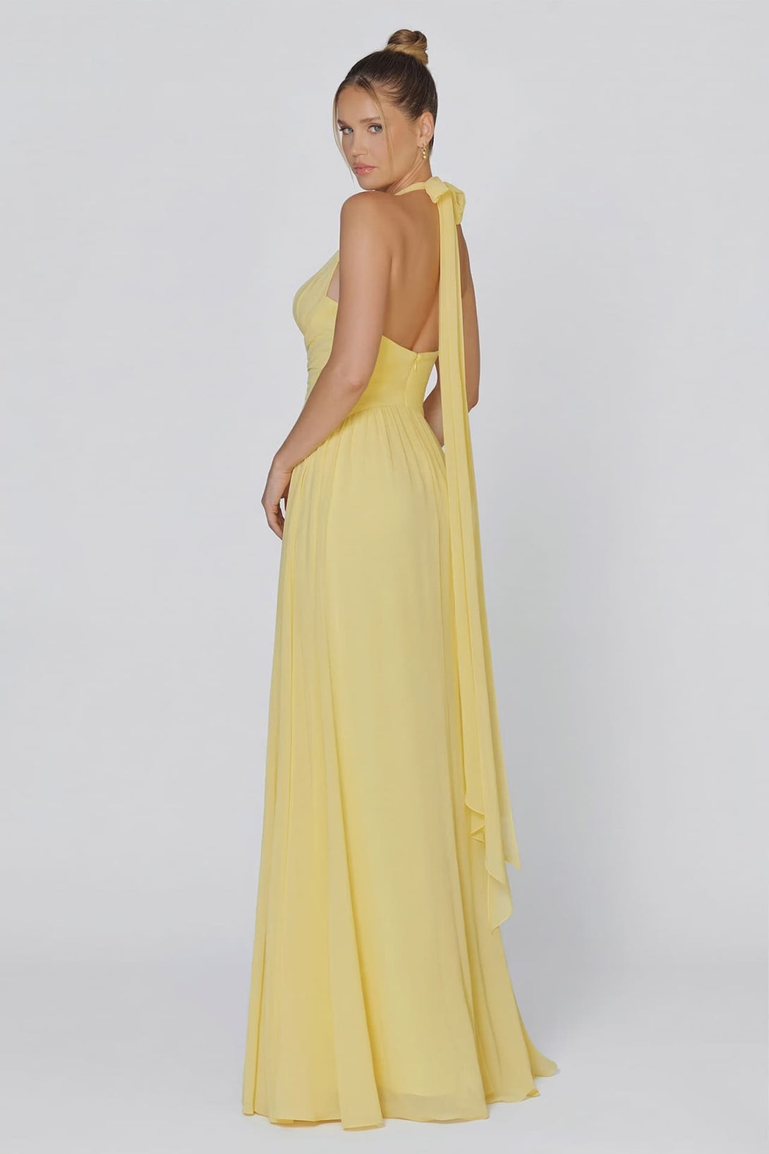 S Pale Yellow V-Neck Chiffon Fit and Flare Bridesmaid Maxi Dress S Pale Yellow V-Neck Chiffon Fit and Flare Bridesmaid Maxi Dress