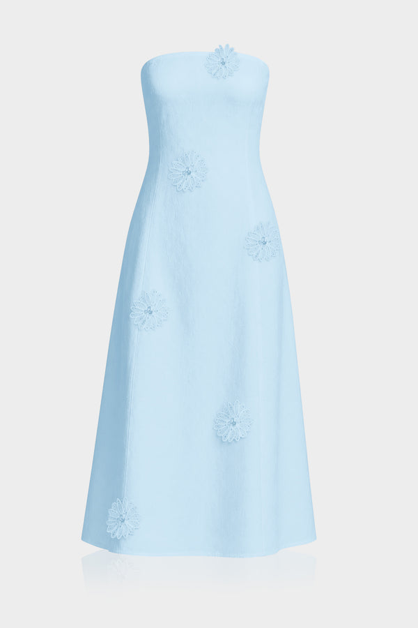 Sky Blue Strapless Cotton Midi Dress with Handcrafted Floral Detail