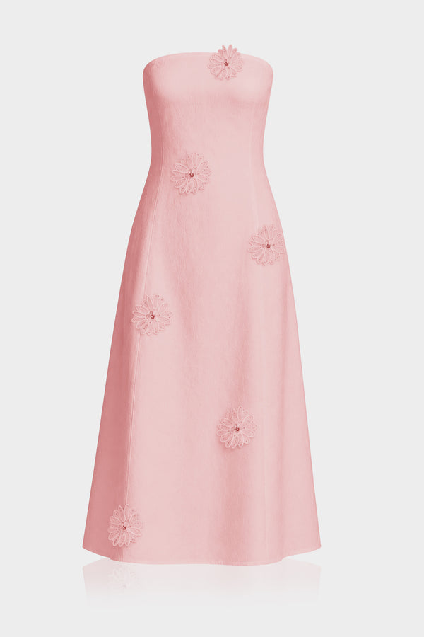 S Blush Pink Strapless Cotton Midi Dress with 3D Floral Appliqué