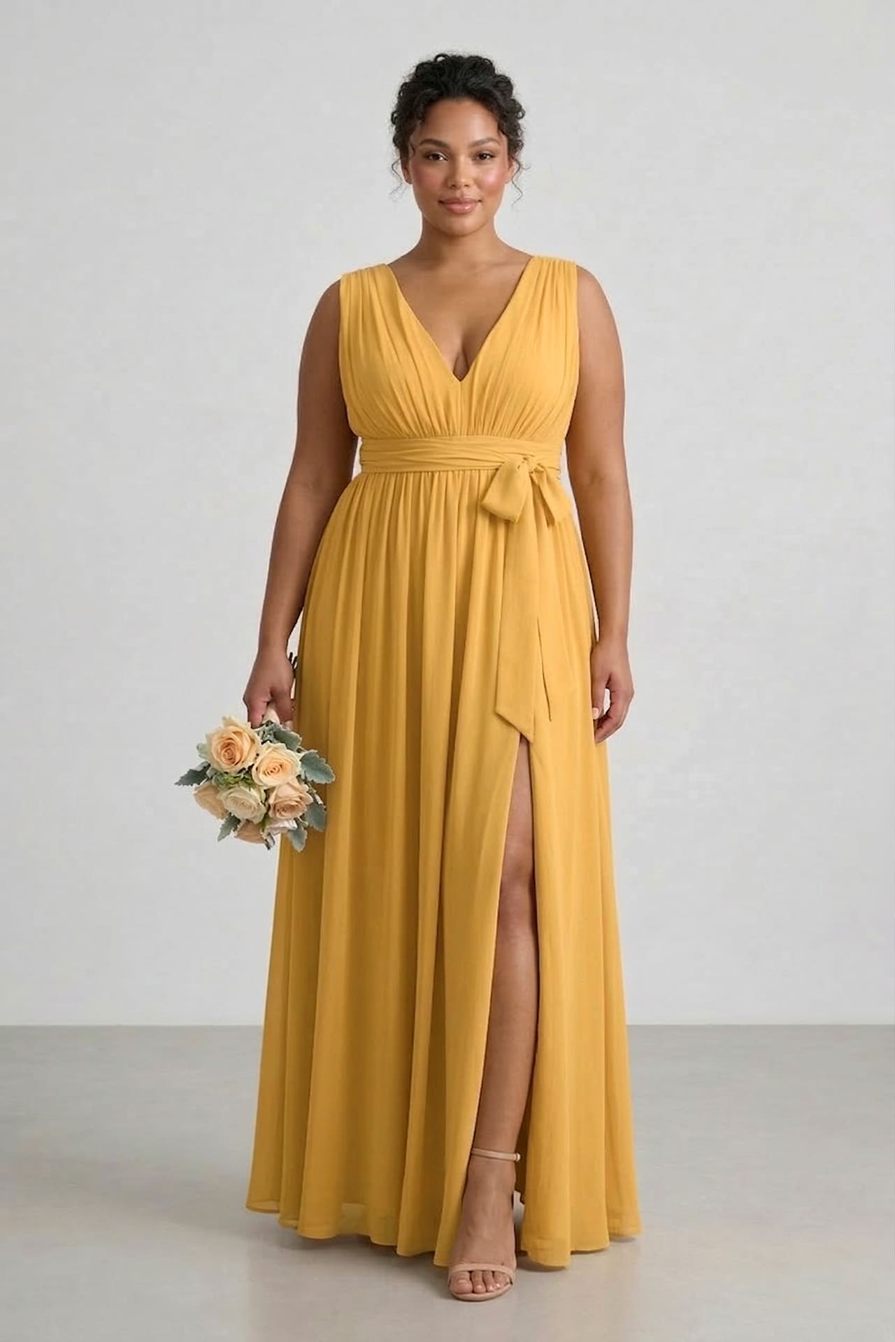 S / With Slit Butterscotch Heaven V-Neck Bridesmaid Dress – Elegant Maxi Gown