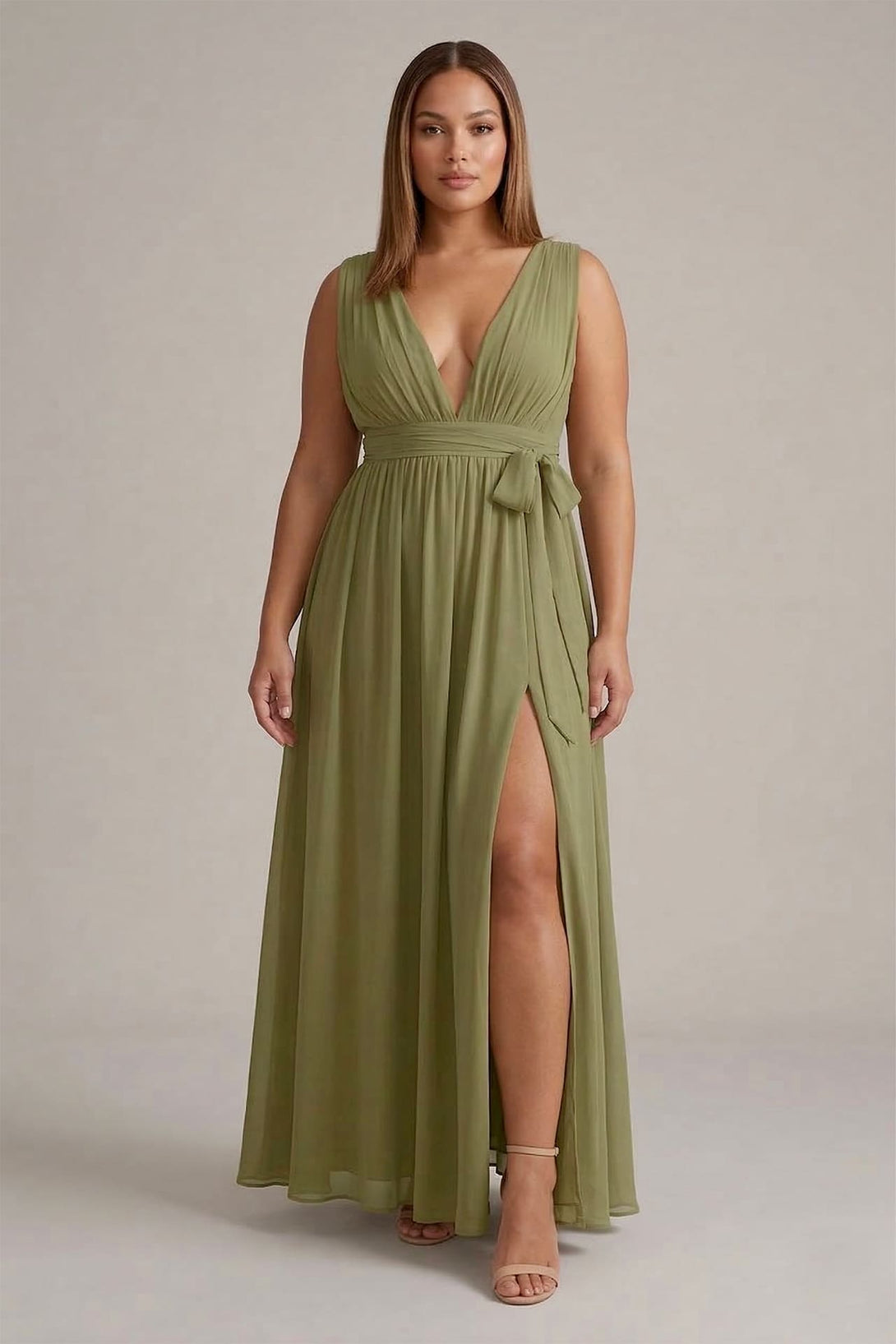 olive green maxi dress S / With Slit Olive Heaven V-Neck Bridesmaid Dress – Elegant Wedding Occasion Gown