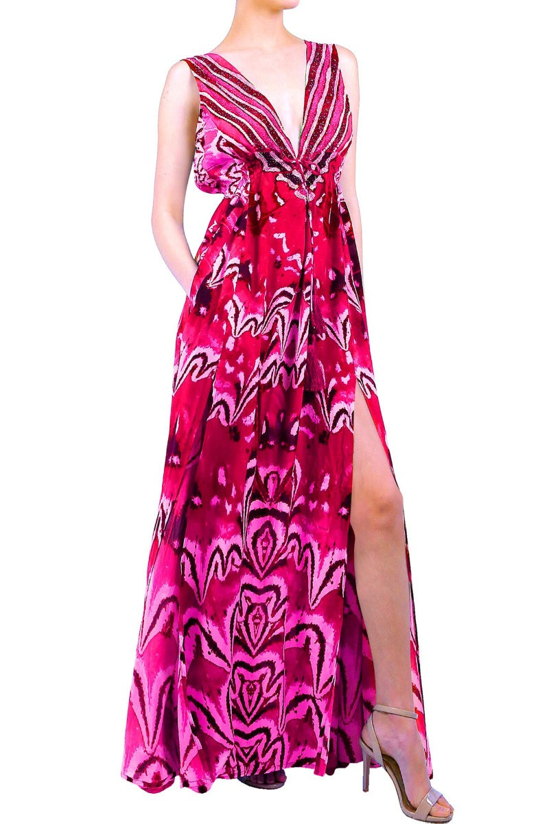  maxi dress hot pink, summer maxi dresses for women, plunging v neck formal dress