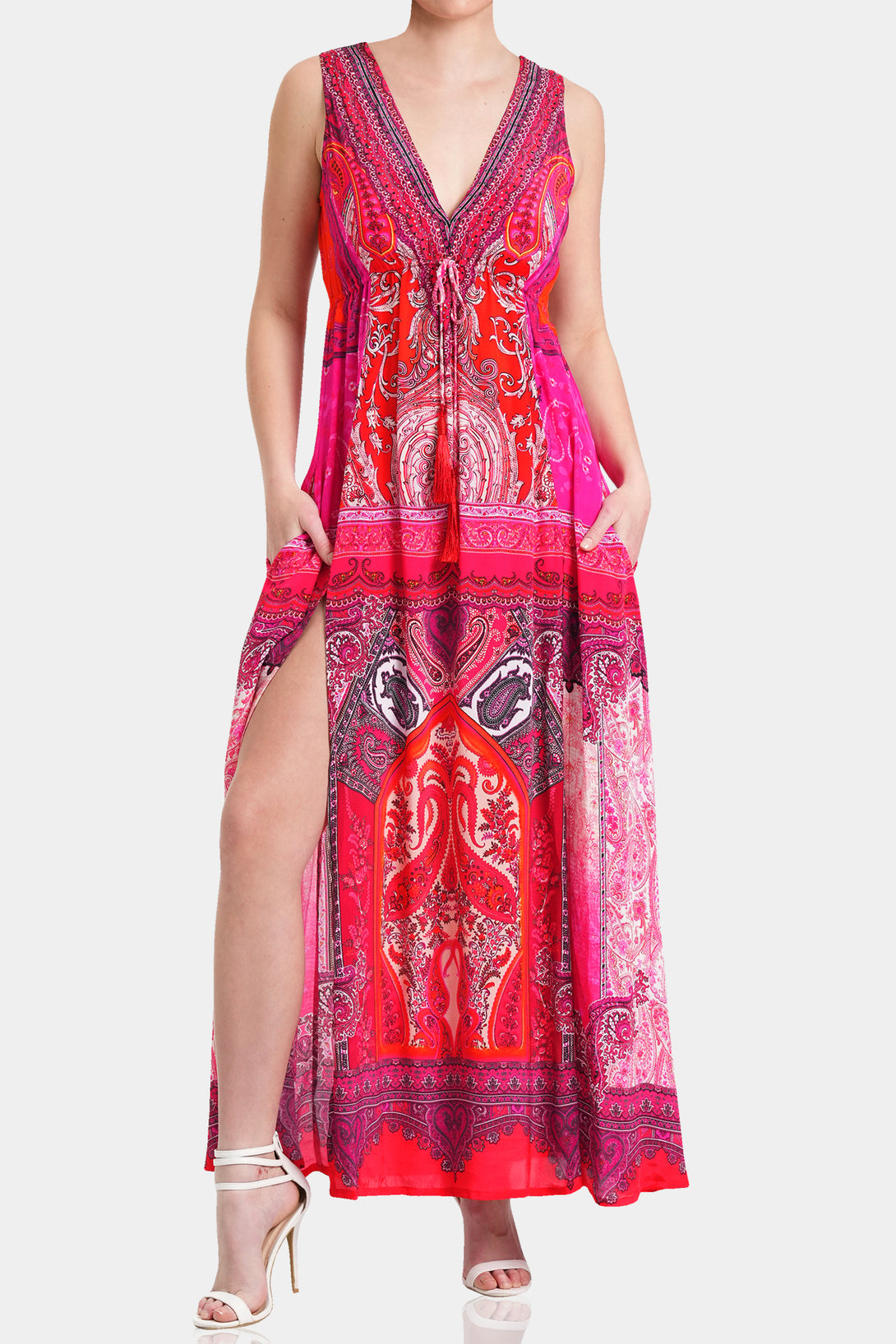  hot pink dress maxi, plunging v neck formal dress, Shahida Parides,