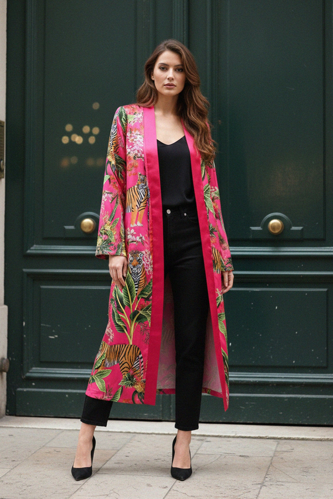 tiger print, silk kimono, luxury robe, shahida-kyle-richards, boho fashion, long coat, designer wear