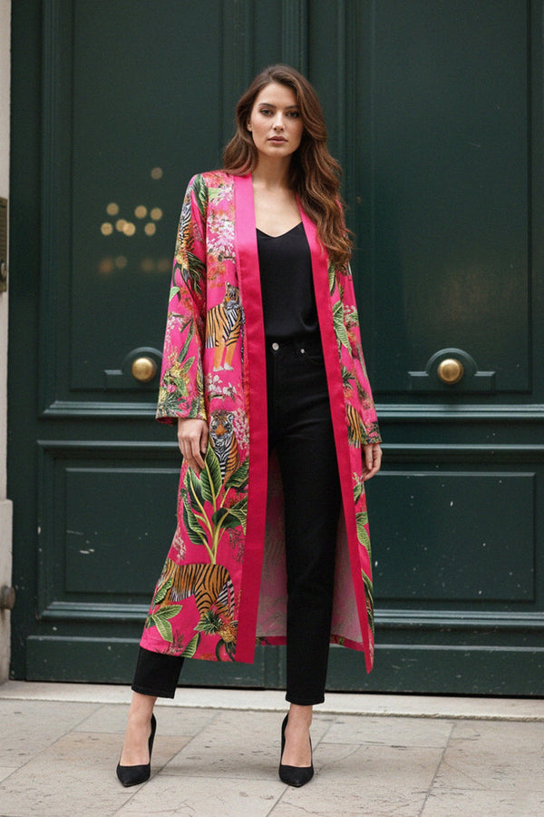 tiger print, silk kimono, luxury robe, shahida-kyle-richards, boho fashion, long coat, designer wear