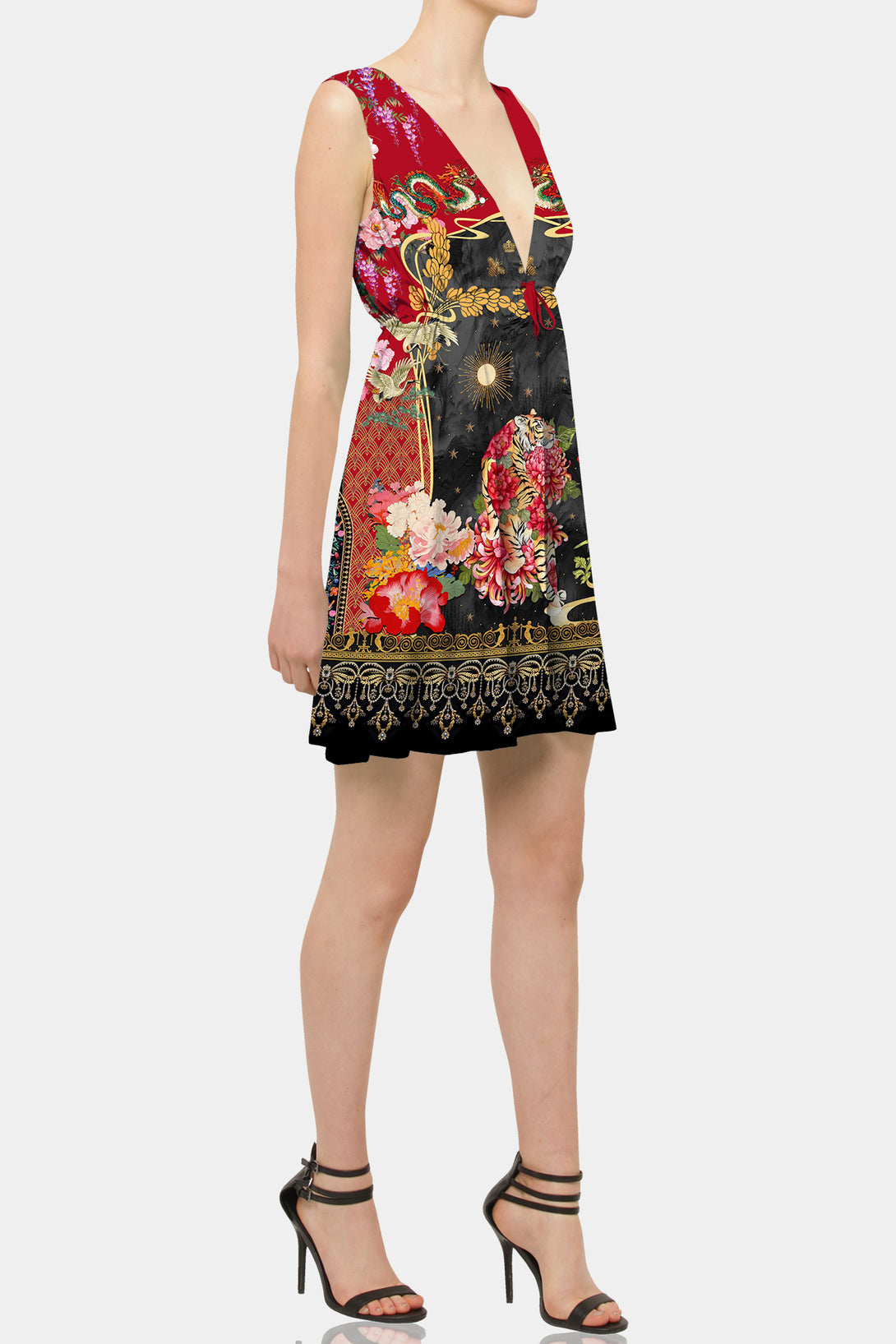 Shahida Parides, plunging v neckline,
mini dress with print, mini dress print, 