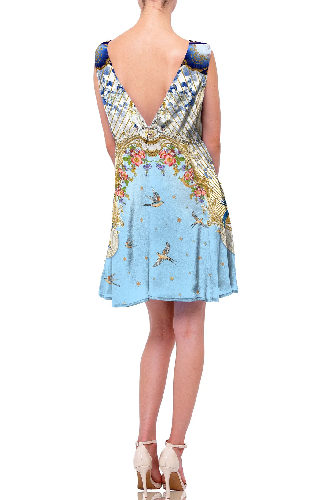 v neck dress, sleeveless mini dress, printed mini dress, sky blue mini dress, Shahida Parides,