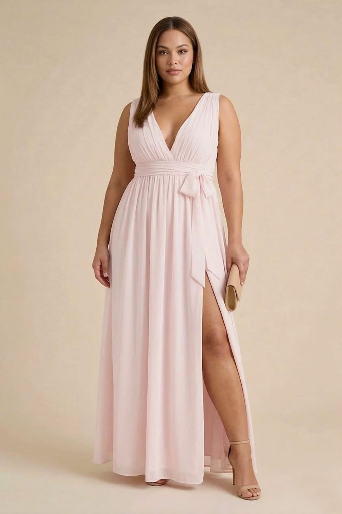 S / With Slit Blushing Pink V-Neck Bridesmaid Dress Elegant Wedding Maxi Gown S / With Slit Blushing Pink V-Neck Bridesmaid Dress Elegant Wedding Maxi Gown