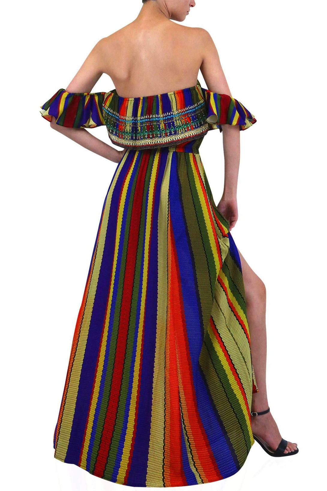  multicolor cocktail dress, off the shoulder satin dress, summer maxi dress, Shahida Parides,