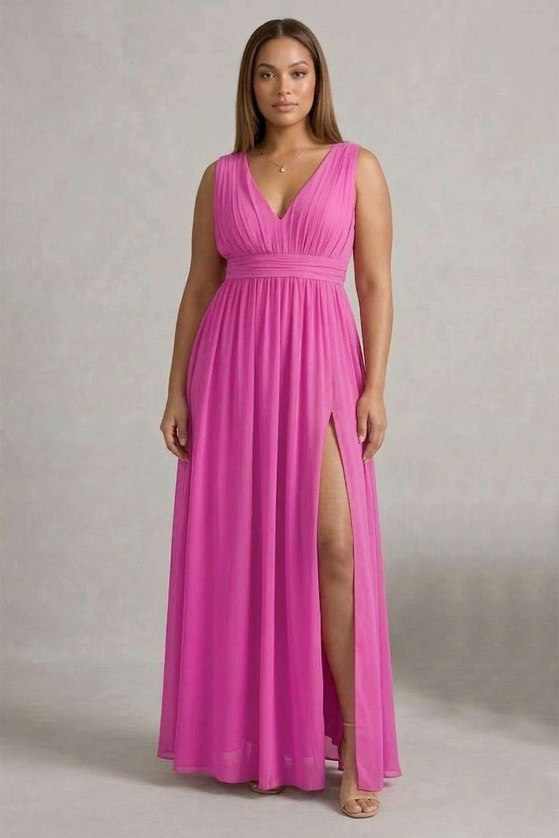 S / With Slit Fuchsia V-Neck Bridesmaid Dress Bold Pink Elegant Maxi Gown S / With Slit Fuchsia V-Neck Bridesmaid Dress Bold Pink Elegant Maxi Gown