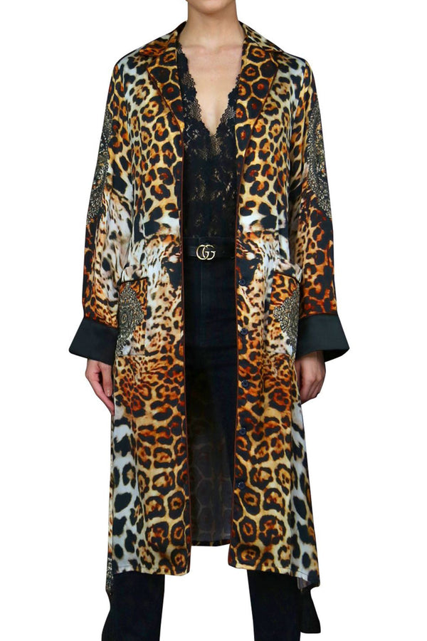 "Shahida Parides" "long kimono robe womens" "luxury kimono" "printed silk robe" "silk leopard robe" 