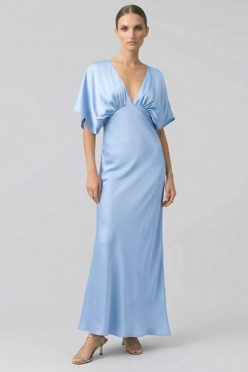 Powder Blue Satin Deep V Flutter Sleeve Maxi Gown