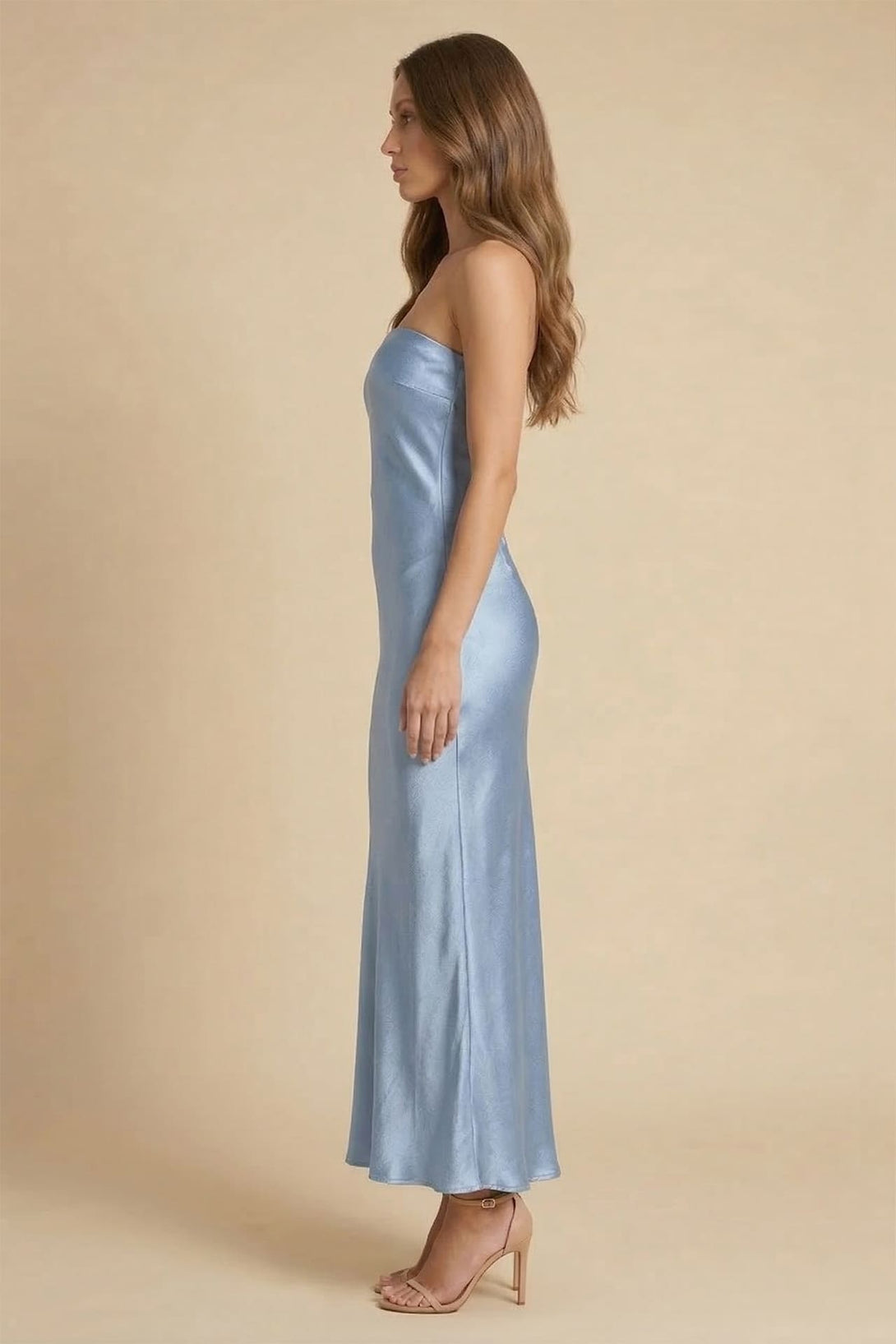 satin drape midi dress S Powder Blue Satin Strapless Midi Dress for Wedding Guest