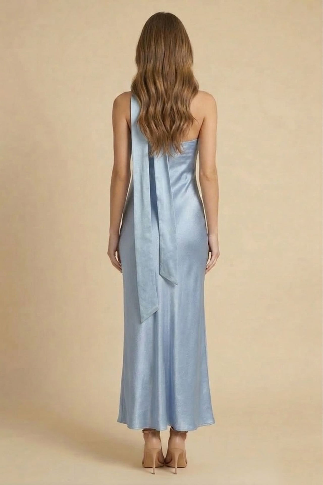 Powder Blue Strapless Satin Midi Dress for Weddings – Shahida Parides
