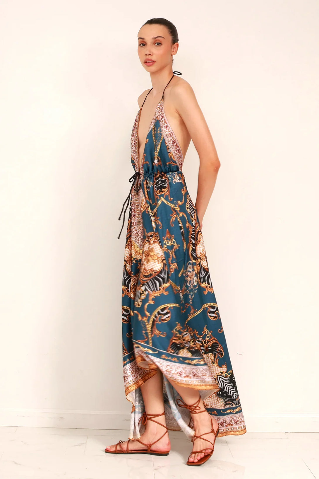Blue Grey Baroque Scarf Print Halter Maxi Dress | Shahida  Shahida Parides