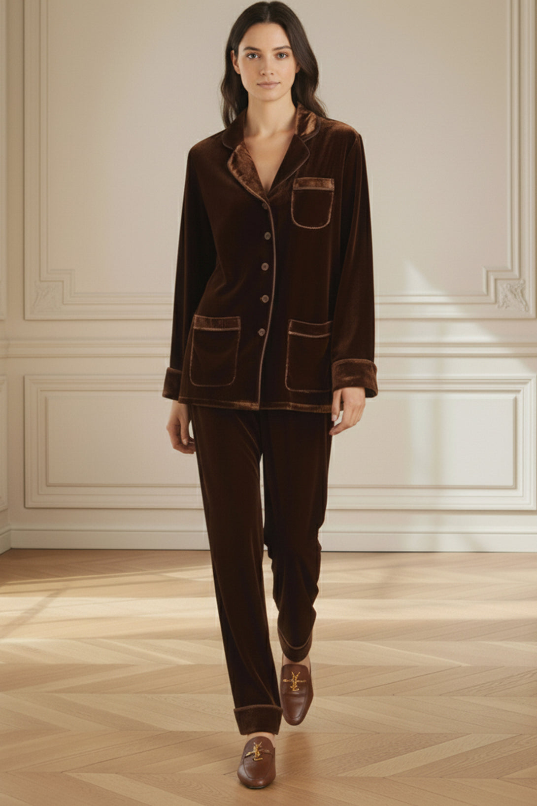 velvet nightwear, rich brown set, luxe womenswear, winter lounge set