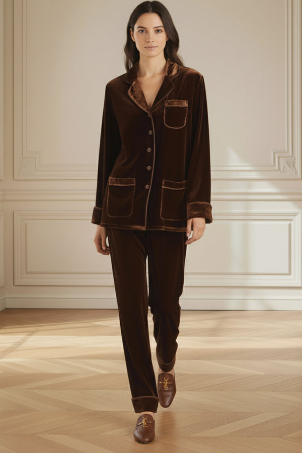 velvet nightwear, rich brown set, luxe womenswear, winter lounge set
