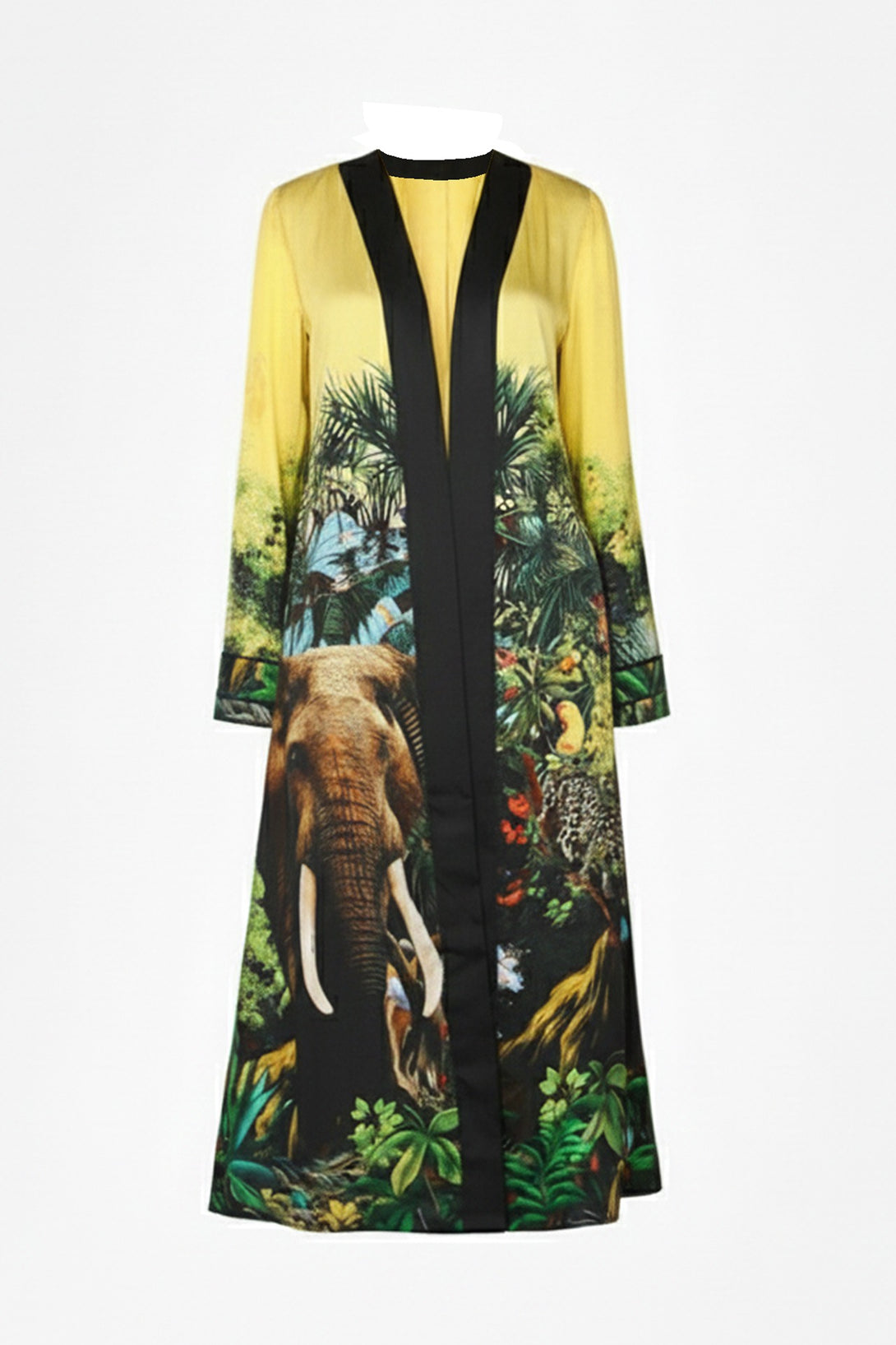 exotic print, tropical art, silk fashion, chic outerwear, illustrated coat, luxe chic, jungle theme, standout coat