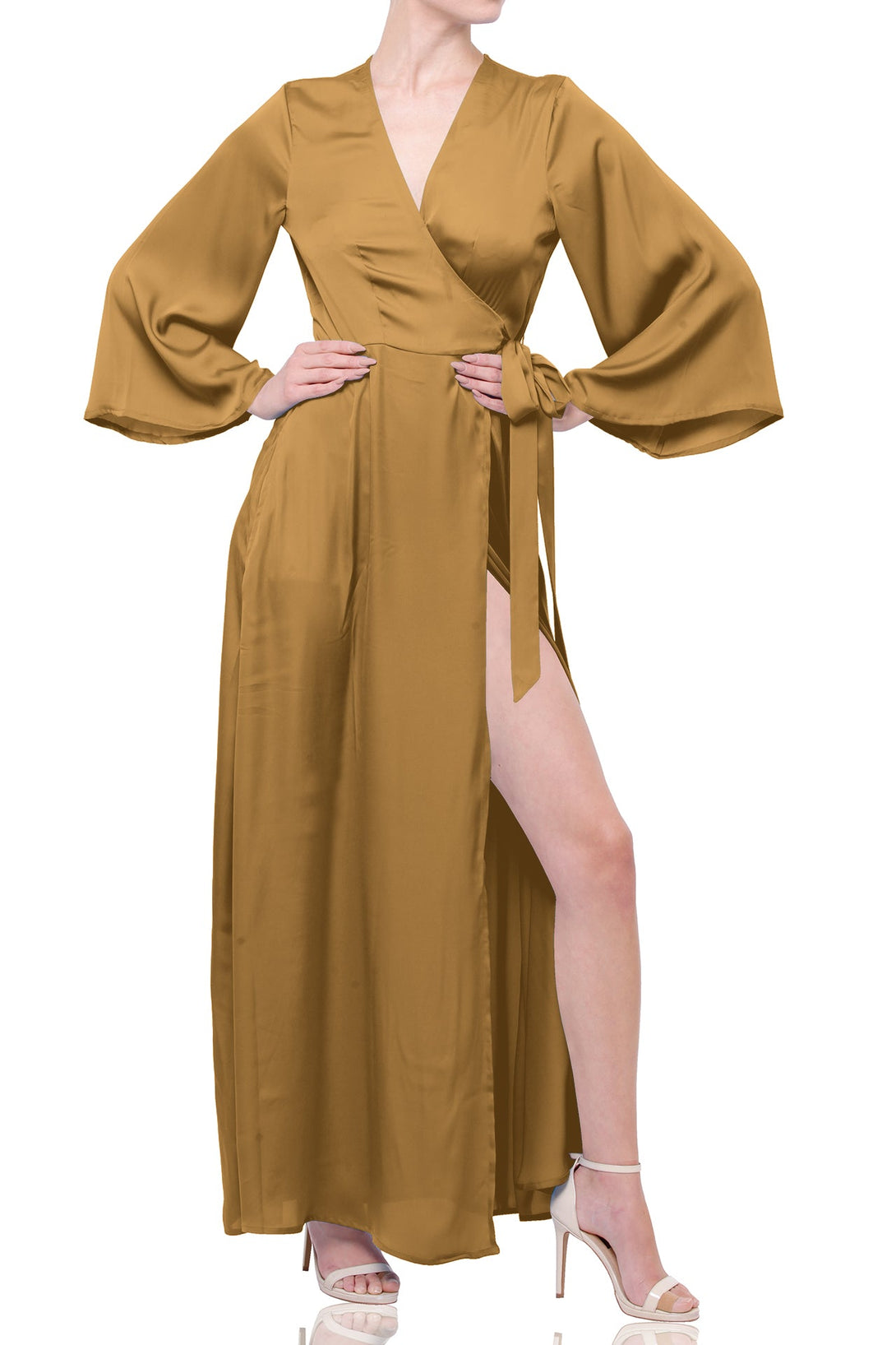 S Champagne Beige Satin Wrap Maxi Bridesmaid Dress Long Sleeve Wedding Gown S Champagne Beige Satin Wrap Maxi Bridesmaid Dress Long Sleeve Wedding Gown
