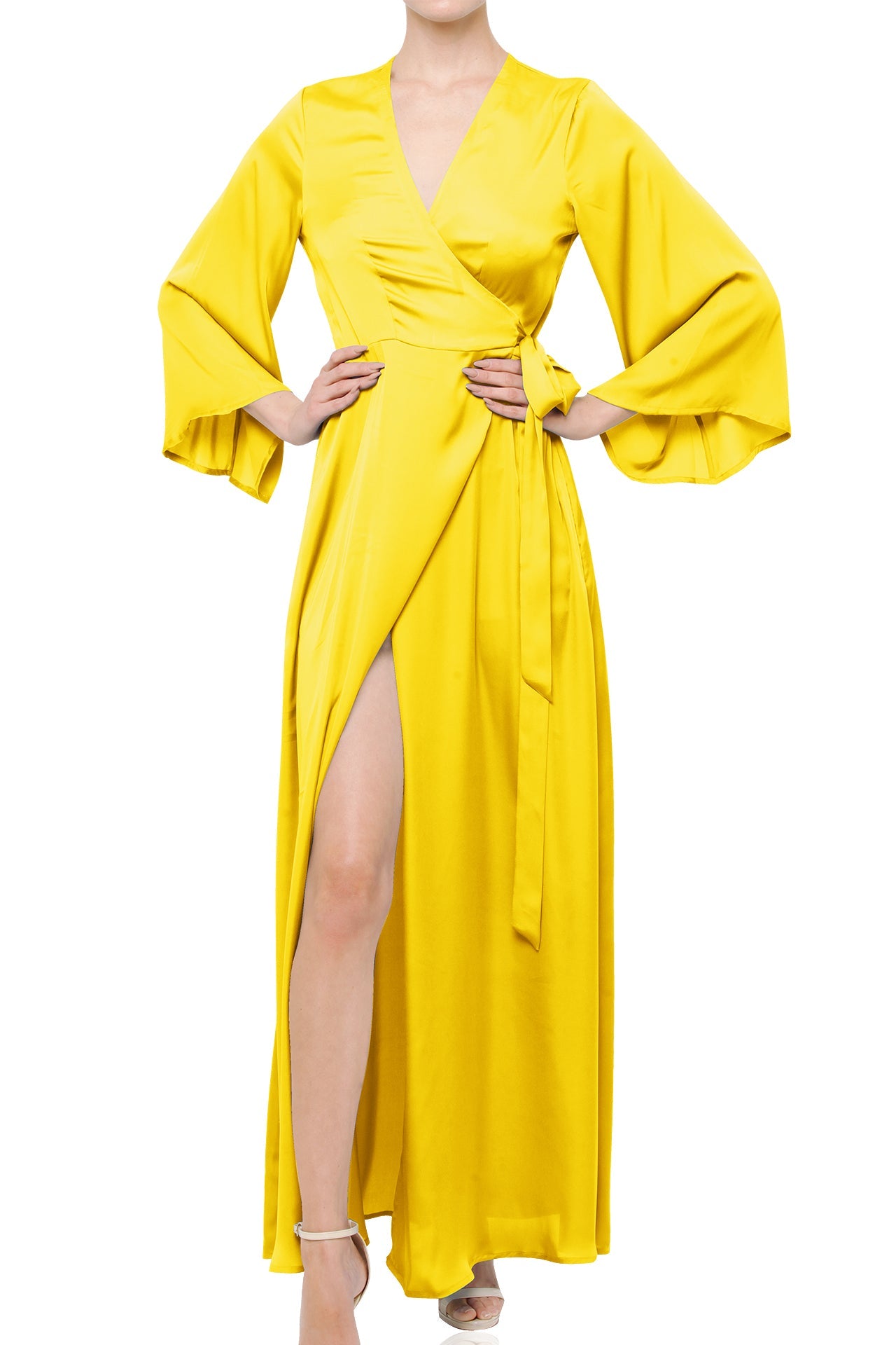 S Lemon Yellow Satin Wrap Maxi Bridesmaid Dress – Spring Summer Wedding Gown