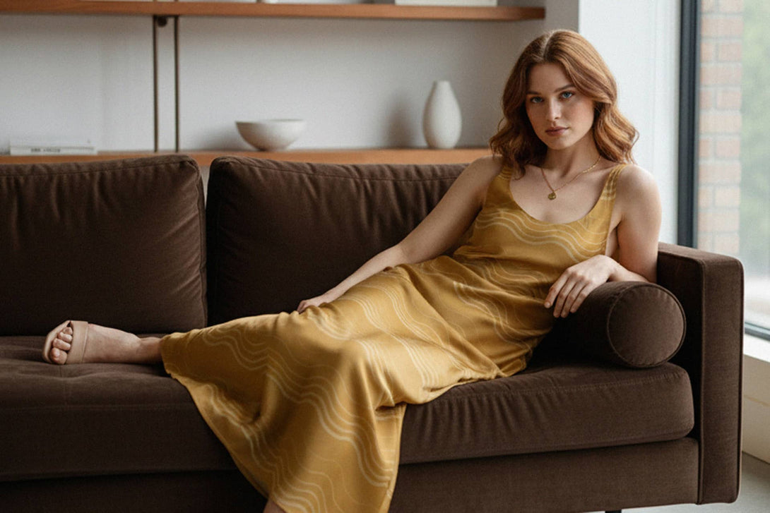 premium silk cami, golden stripe slip, womens luxury outfit, resort chic dress, elegant long wear