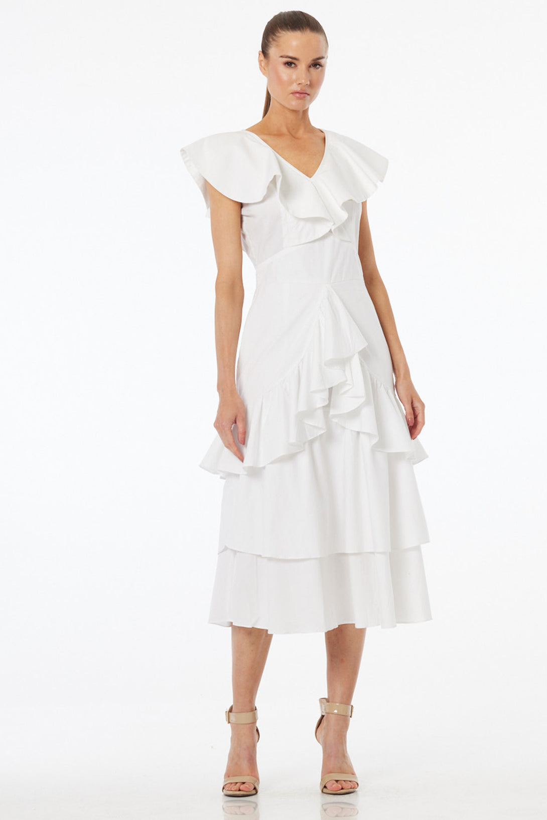 white flutter sleeve midi dress Noria Anis Bel Air Flutter Sleeve Midi Dress