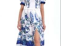 White & Blue Floral Voile Maxi Dress with Guipure Lace Trim
