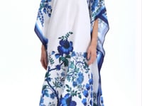 White Botanical Print Kaftan Maxi Dress with Blue Border Detail