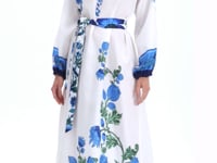 Elegant White & Blue Floral Cotton Maxi Shirt Dress with Full Sleeves