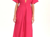 Luxury Fuchsia Pink Plunge Neck Wide Leg Jumpsuit – Resort Dinner Outfit
