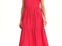 Luxury Fuchsia Pink Tiered Cotton Midi Dress – Elegant Daywear Dress