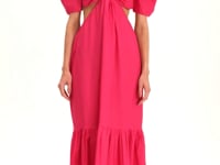 Fuchsia Pink Puff Sleeve Cutout Cotton Maxi Dress for Tropical Vacations