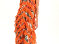 Giulietta Long Asymmetrical Sleeveless Ruffle Dress with Halter Neckline